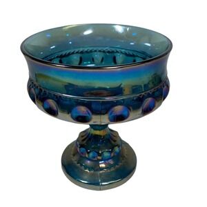 Vintage Indiana Carnival Glass Kings Crown Thumbprint Blue Iridescent Compote